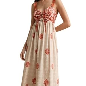 Beige Maxi Dress with Coral Printed Bodice and Accents